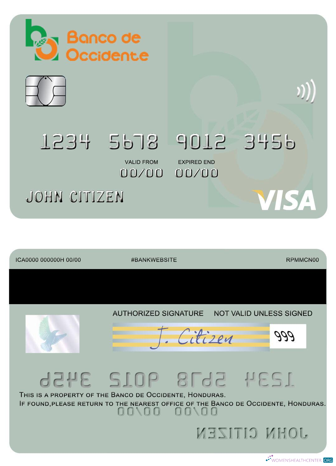 Download Honduras Banco de Occidente visa card Photoshop template